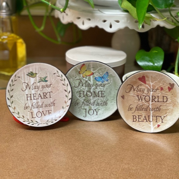 Miniature Decorative Blessing Plates 4x4 Stoneware Joy Whimsical Set/3 - Picture 1 of 6